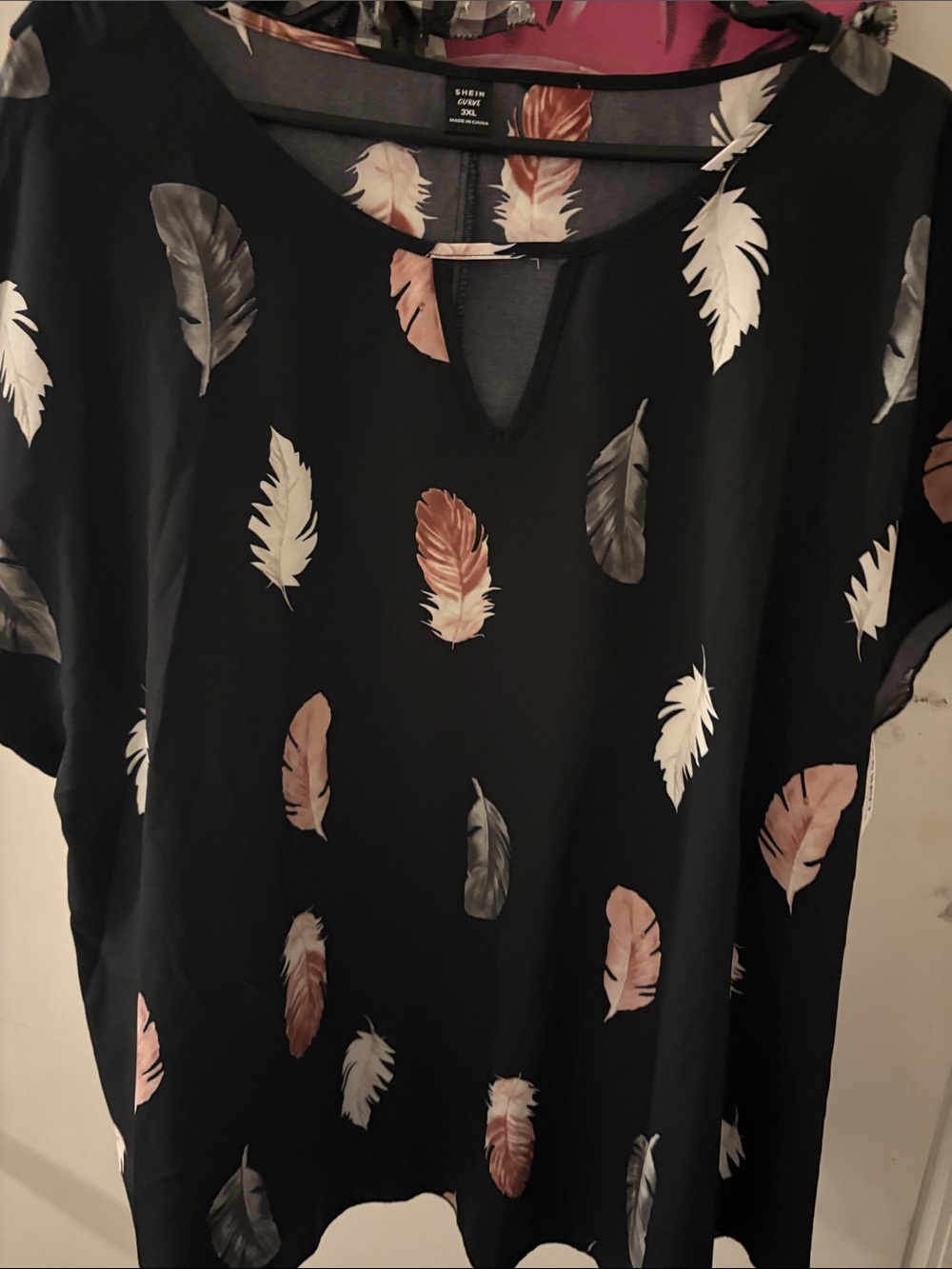 SHEIN Black Feather-Print Tunic with Cream, Gray, and Brown Feathers